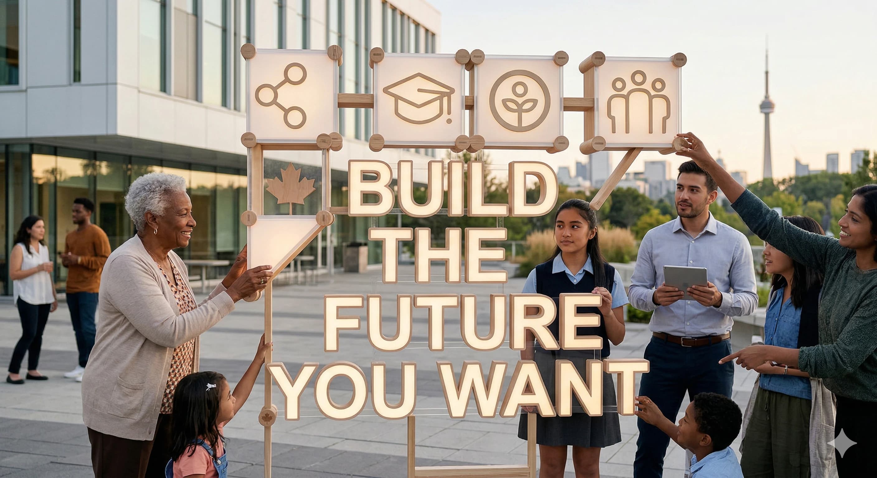 A multigenerational community in Toronto building a message that reads Build the future you want